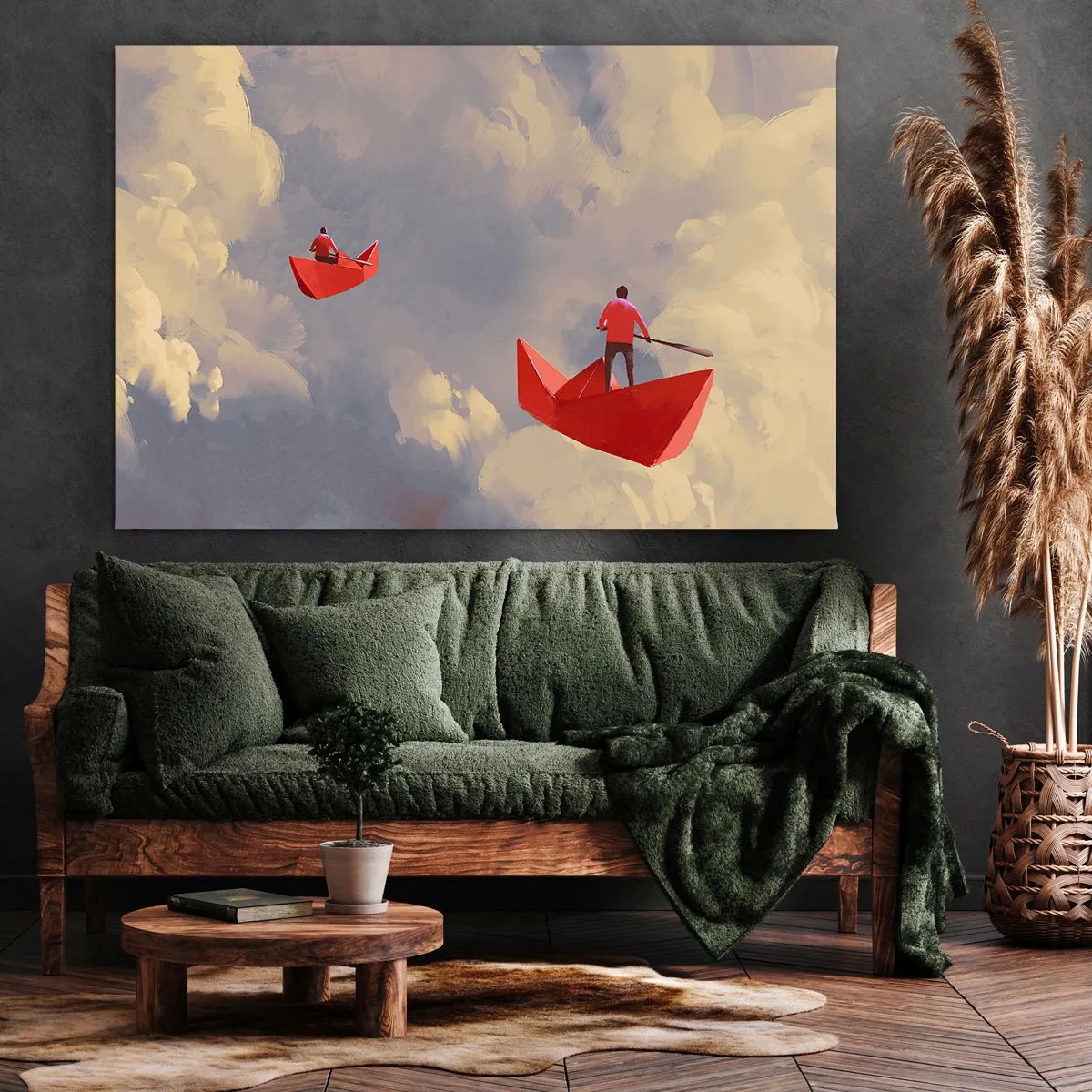 Lærredstryk - Billede på lærred - Røde papirbåde svæver i skyerne - 70x50cm - Drømmernes ekspedition - Moderne vægdekoration til stue og soveværelse ARTTOR