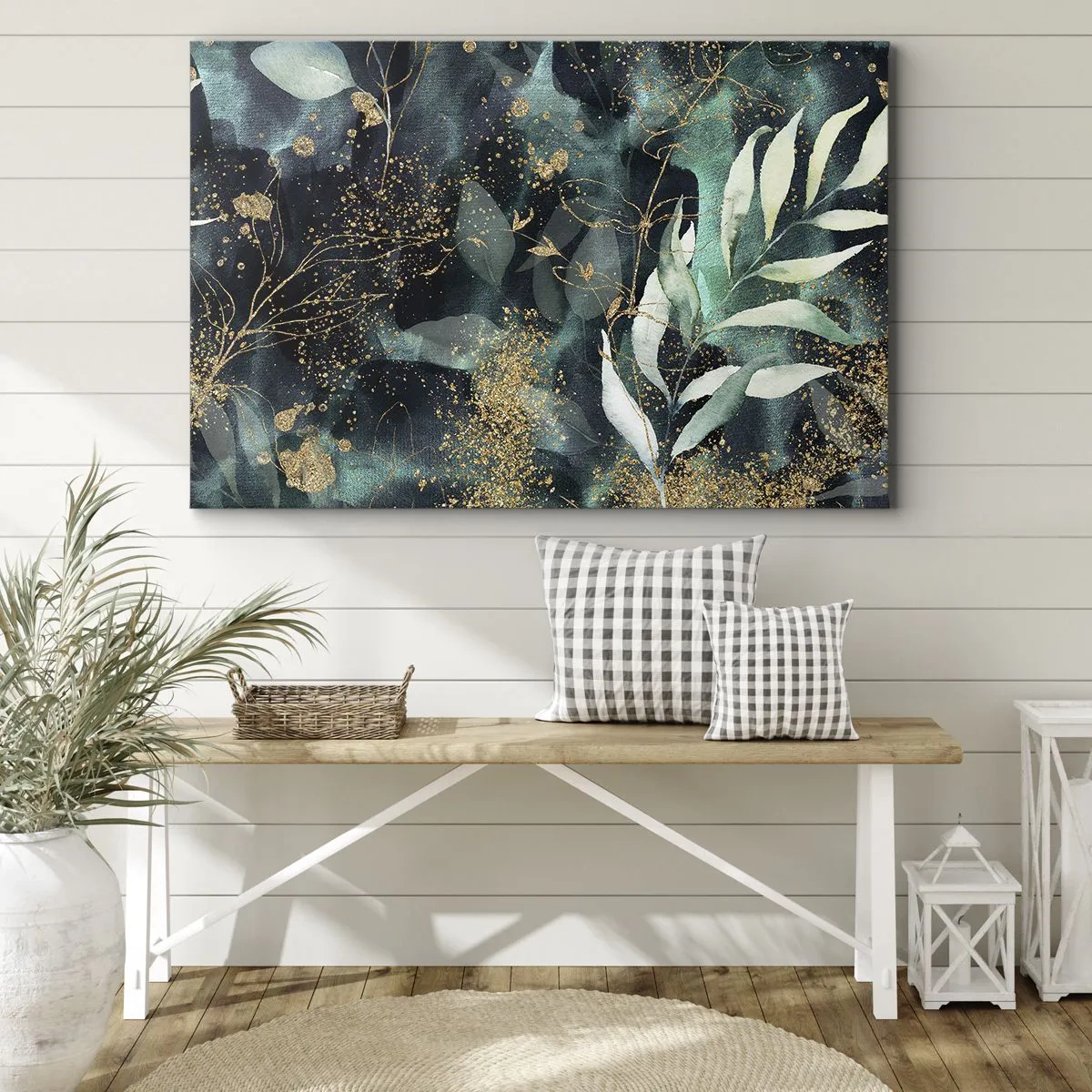 Lærredstryk - Billede på lærred - Elegante blade på en mørk baggrund med gulddetaljer - 70x50cm - Fortryllet have - Moderne vægdekoration til stue og soveværelse ARTTOR