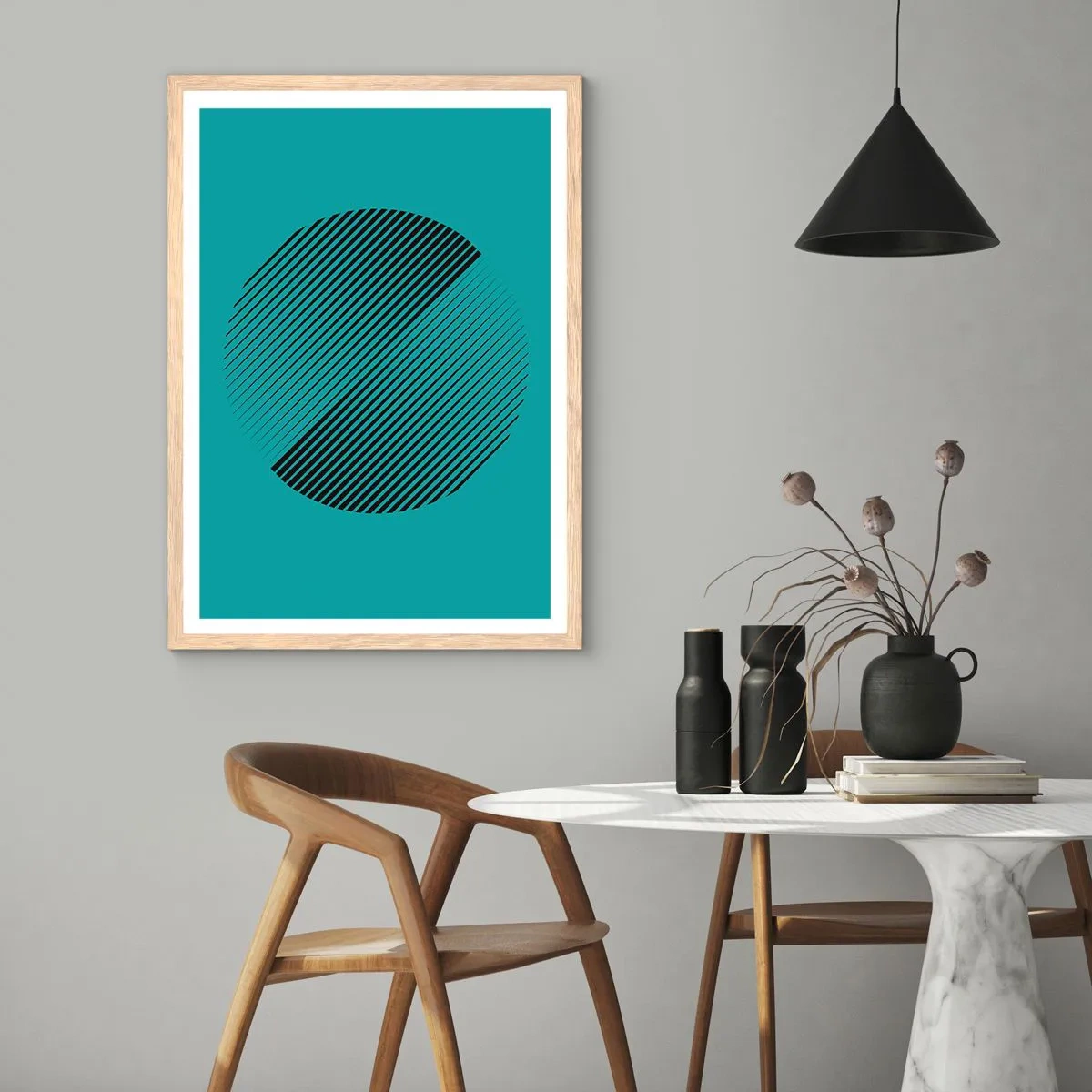 Plakat i ramme af lyst egetræ - Cirklen - en geometrisk variation - 30x40 cm