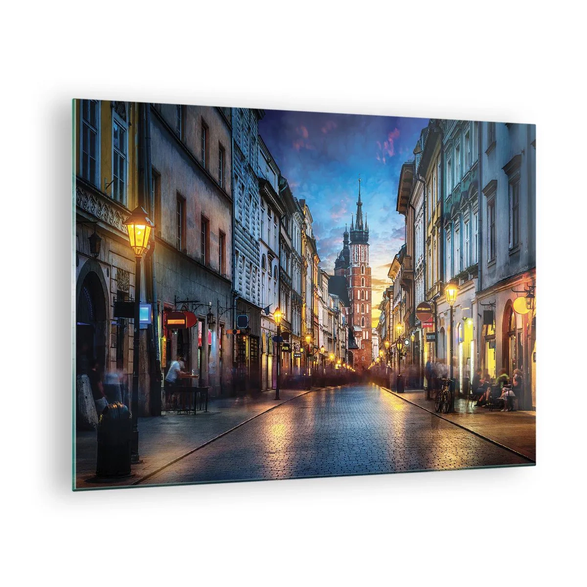Billede på glas - Aftenudsigt over den gamle bydel med kirken i baggrunden - 70x50cm - Krakows charme - Moderne vægdekoration til stue og soveværelse ARTTOR