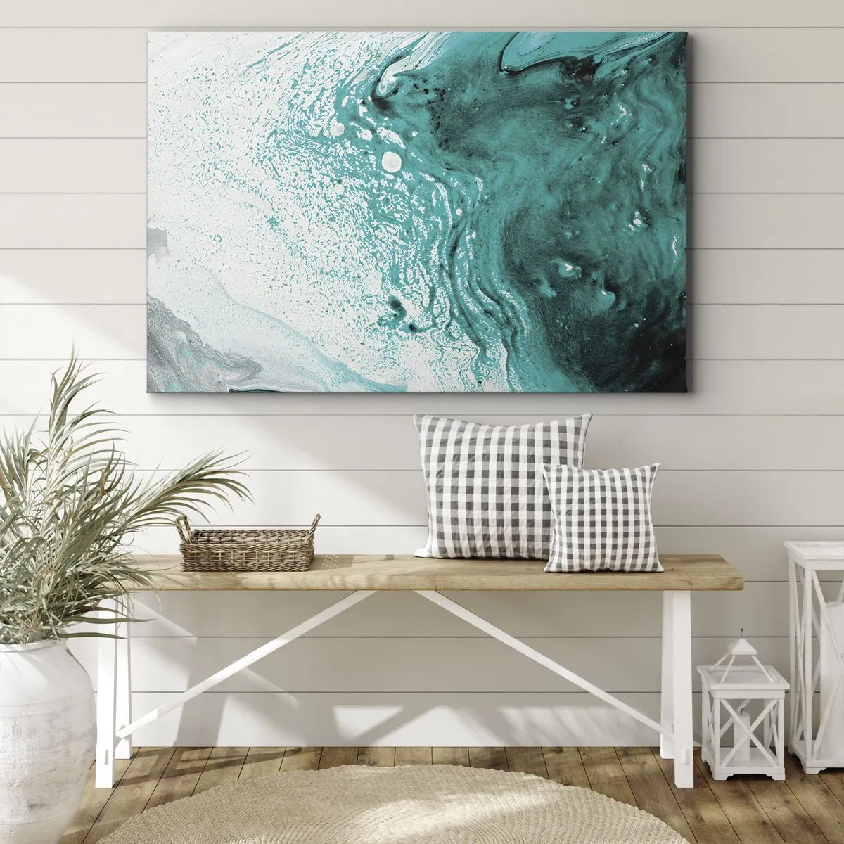 Lærredstryk - Billede på lærred - Abstrakt komposition i turkise nuancer på en hvid baggrund - 70x50cm - Opløses i hvidt og turkis - Moderne vægdekoration til stue og soveværelse ARTTOR
