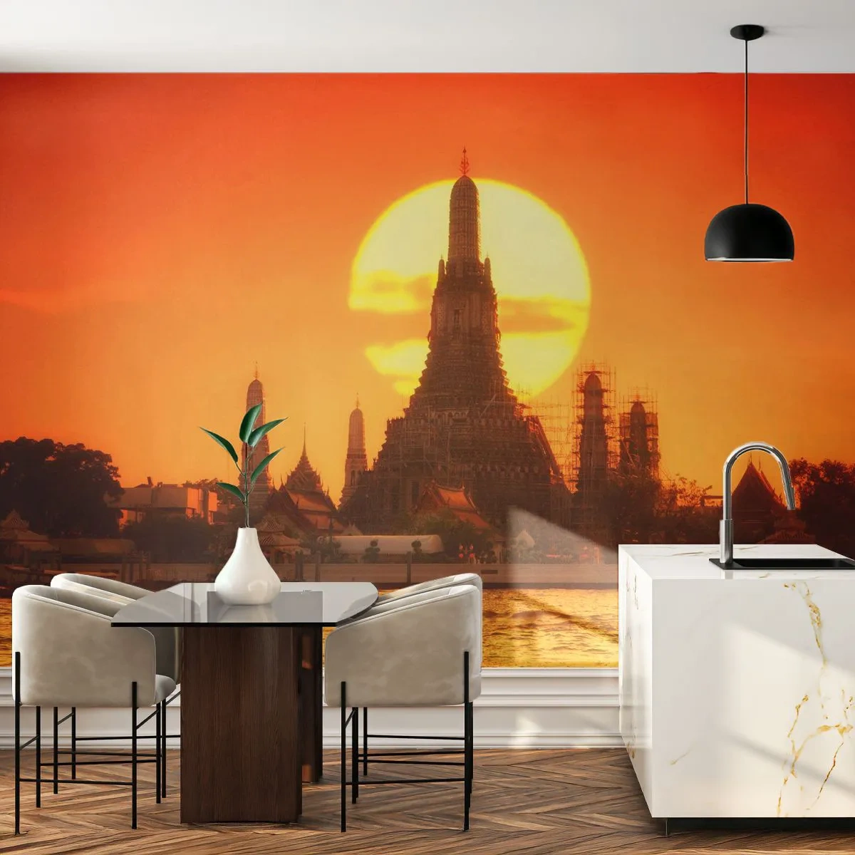 Fototapet Premium Sand - Mod solen, altid mod solen - Bangkok, Daggryets tempel, Thailand - 100x70 cm