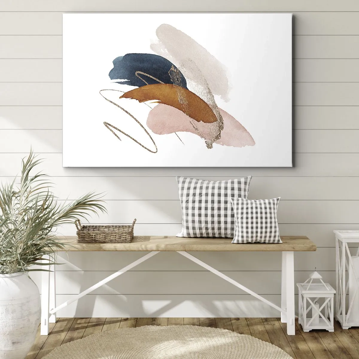 Lærredstryk - Billede på lærred - Abstrakte streger i pastelfarver med gulddetaljer - 70x50cm - Bevinget sammensætning - Moderne vægdekoration til stue og soveværelse ARTTOR