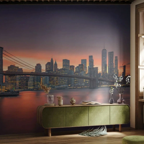 Fototapet Premium Sand - Sænket i lilla stilhed - New York, By, Brooklyn Bridge - 100x70 cm