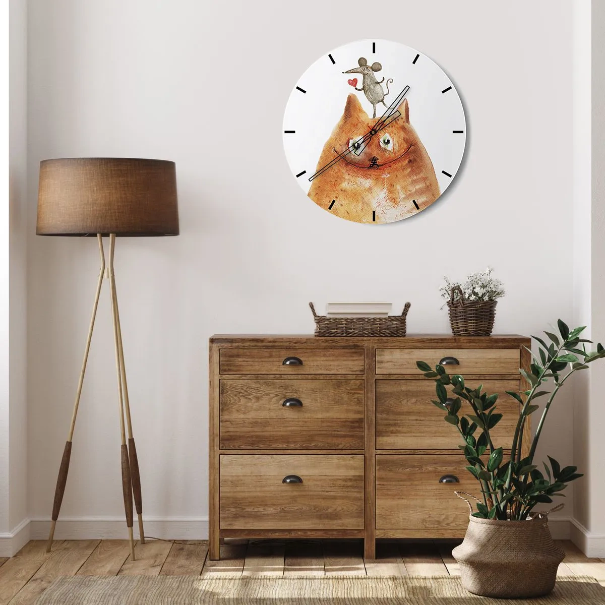 Vægur, Uret - Illustration af en kat og en mus med et hjerte i humoristisk stil - 30x30cm - Kærlighedens paradokser - Moderne vægdekoration til stue, køkken og soveværelse ARTTOR