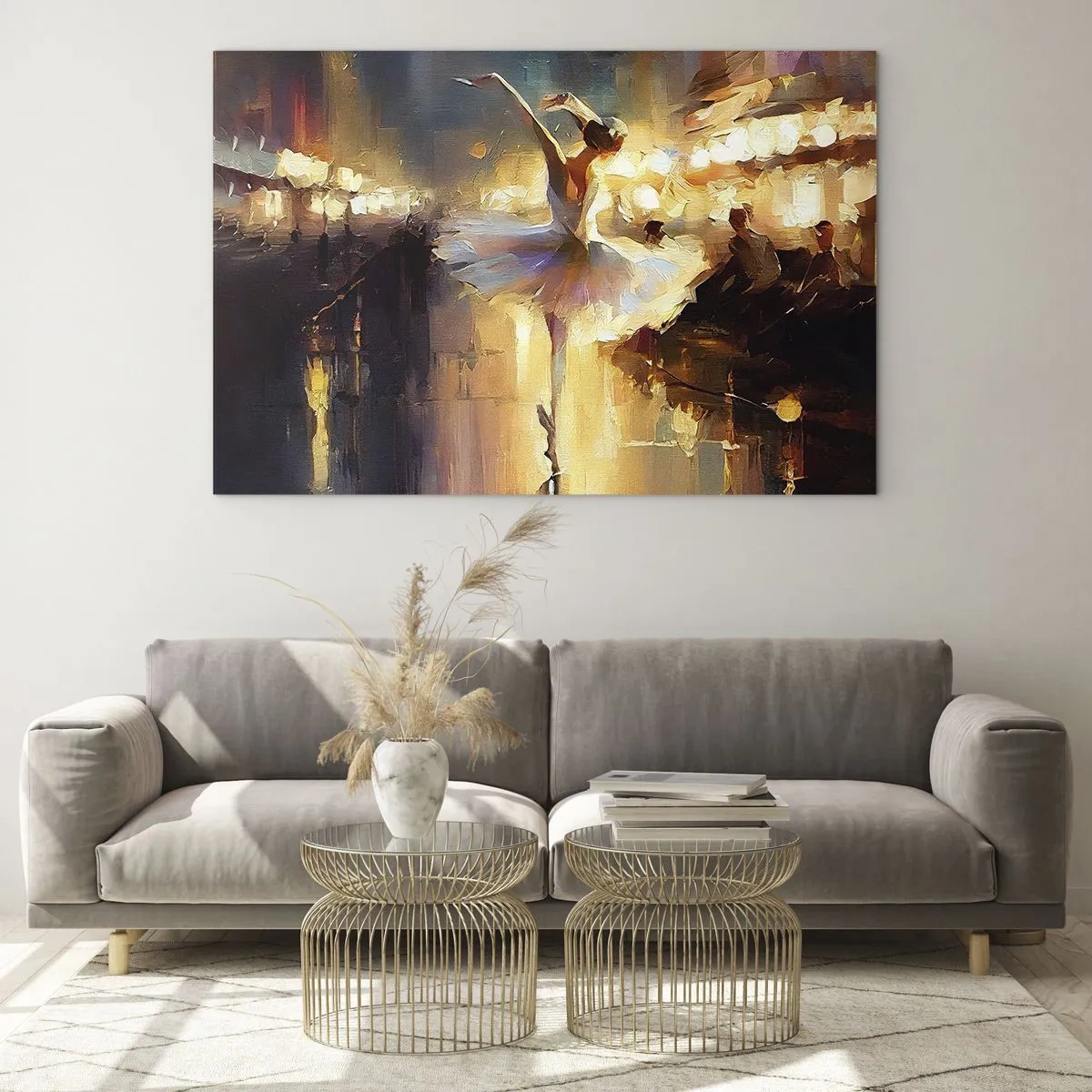 Billede på glas - Ballerina i lyset af byens lys - 70x50cm - Et mirakel på gaden - Moderne vægdekoration til stue og soveværelse ARTTOR
