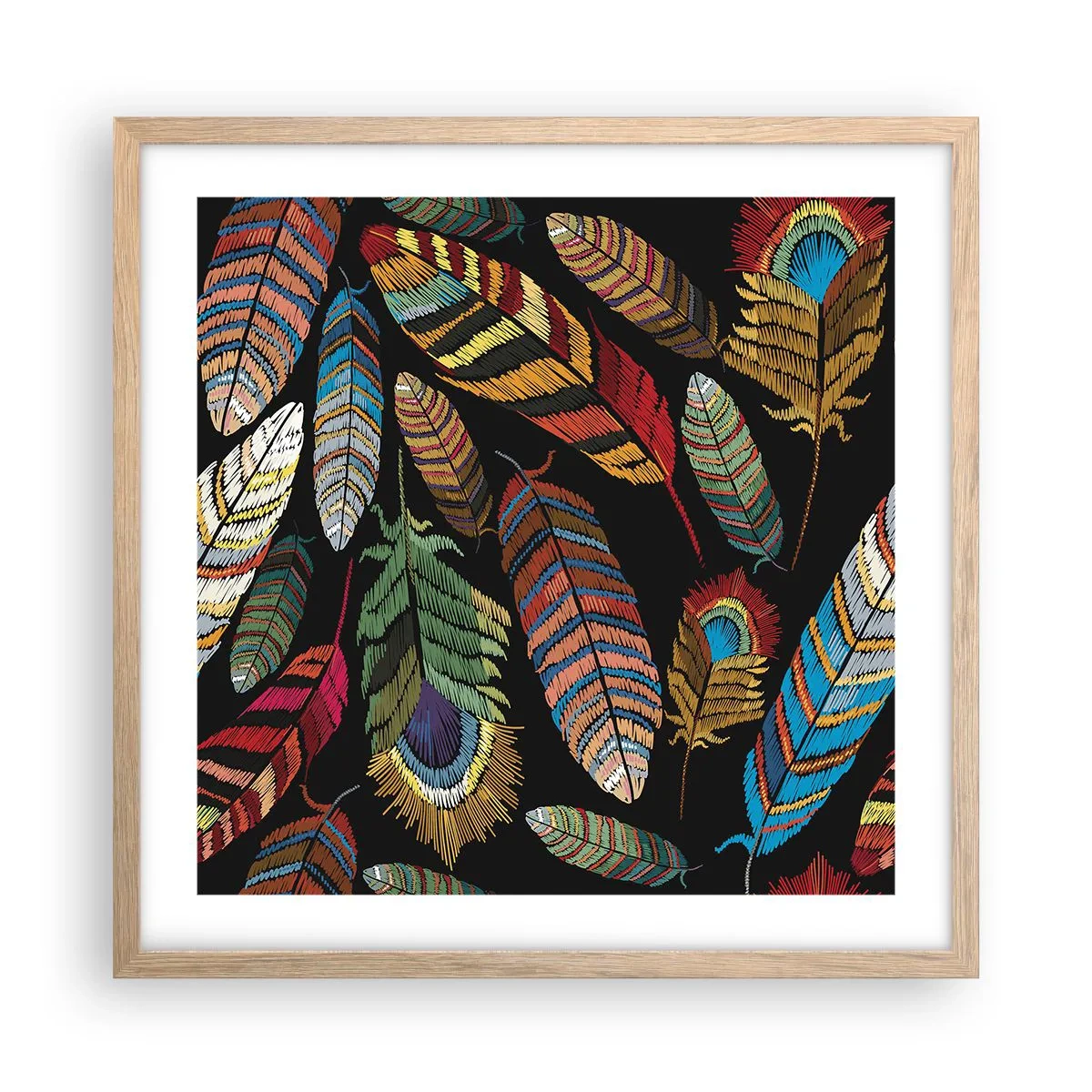 Plakat i ramme af lyst egetræ - Fuglekarneval - 50x50 cm