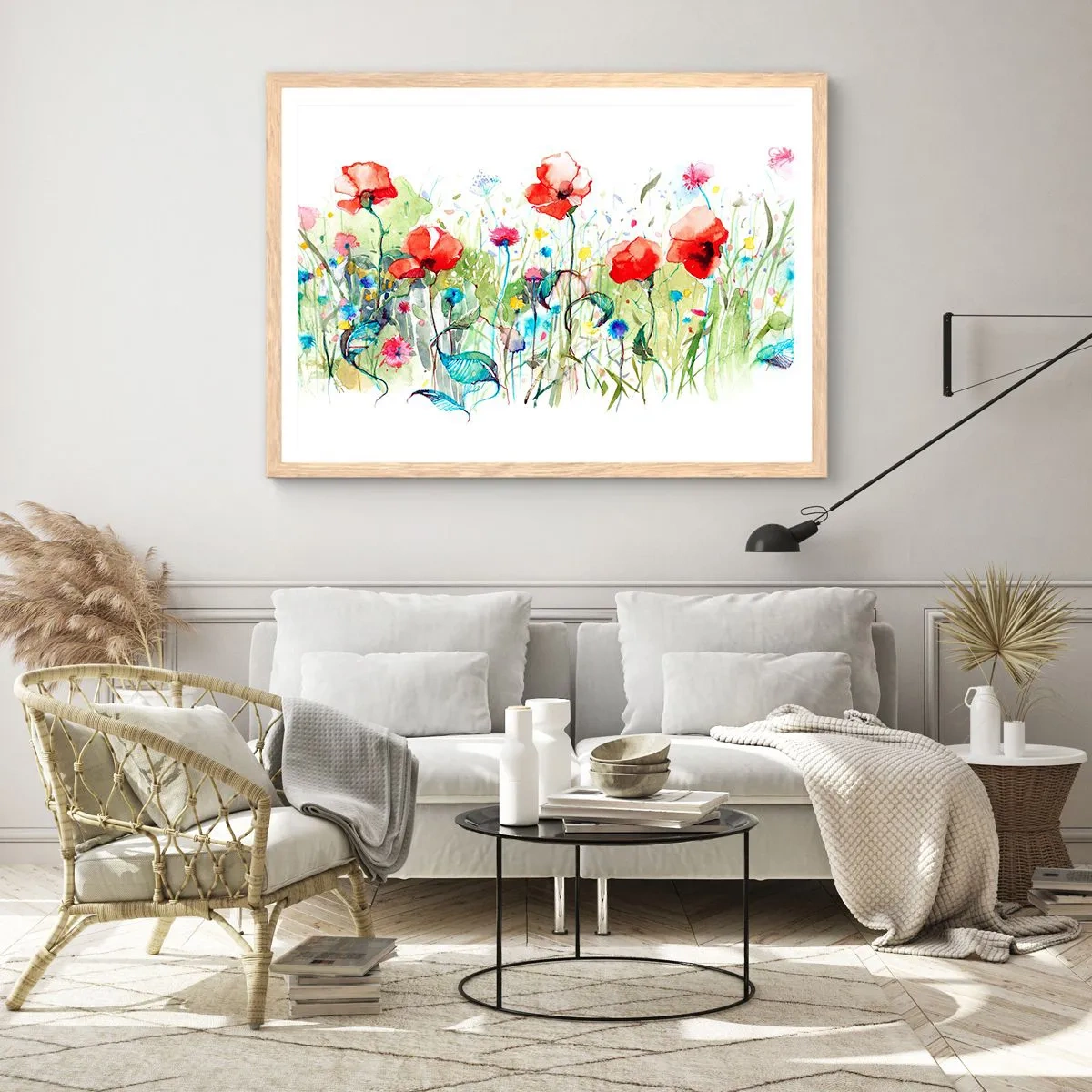 Plakat i ramme af lyst egetræ - En blomstrende eng i maj - 40x30 cm