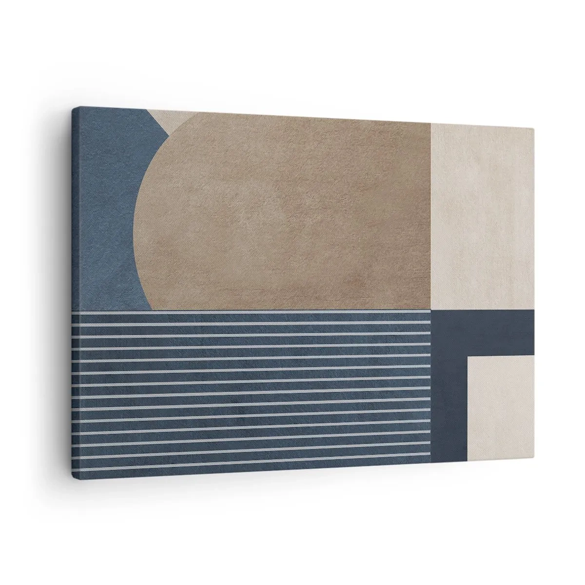 Lærredstryk - Billede på lærred - Geometriske figurer i beige og marineblå nuancer med linjer - 70x50cm - En komposition af enkelhed og rundhed - Moderne vægdekoration til stue og soveværelse ARTTOR