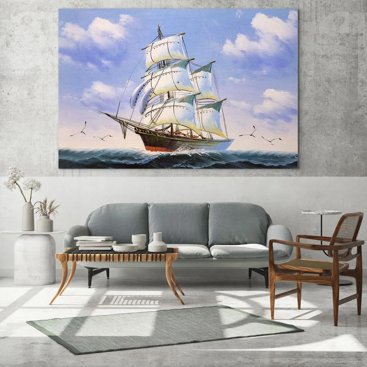 Billede på glas - Et sejlskib på åbent hav under en blå himmel - 70x50cm - Stolt med vinden - Moderne vægdekoration til stue og soveværelse ARTTOR