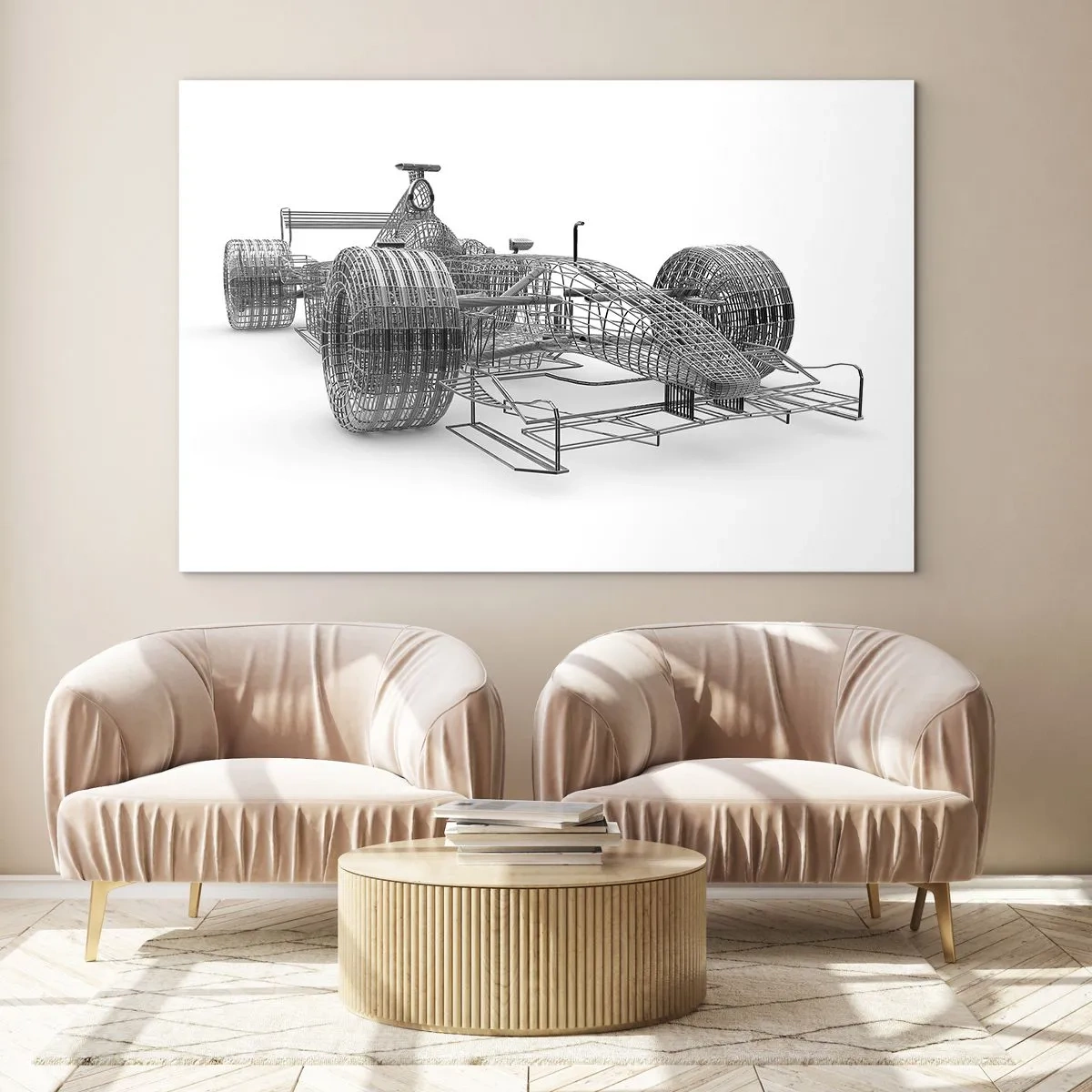 Billede på glas - Teknisk tegning i 3D-stil af en racerbil - 70x50cm - Ideelt design - idéen om dynamik - Moderne vægdekoration til stue og soveværelse ARTTOR