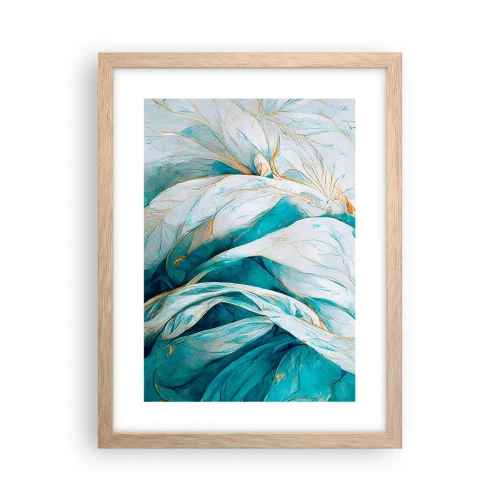 Plakat i ramme af lyst egetræ - Blå abstraktion med et guldmotiv - 30x40 cm