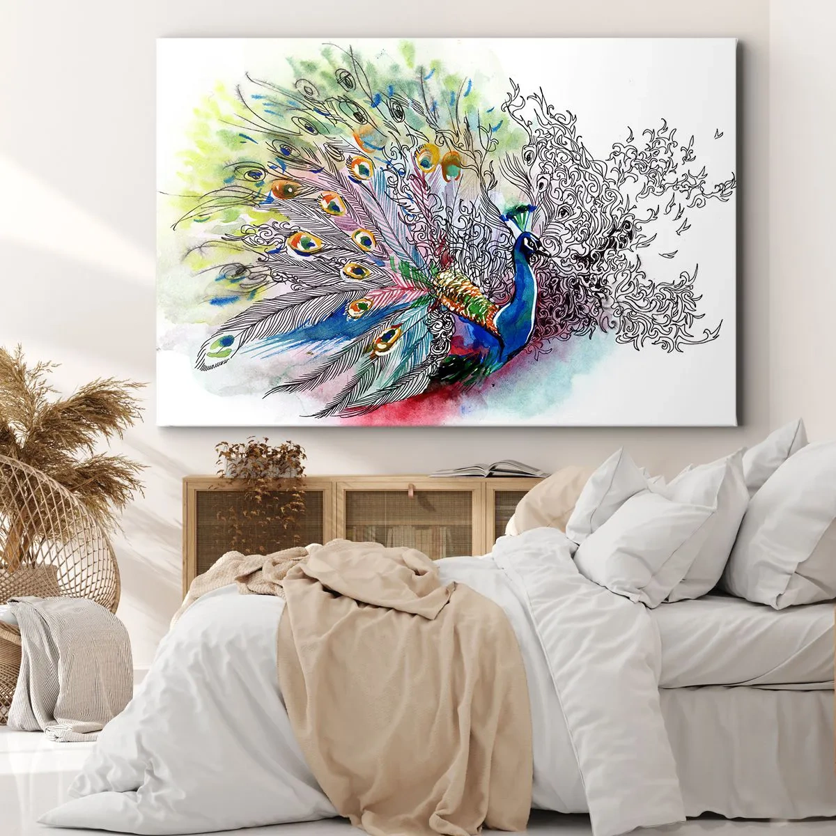 Lærredstryk - Billede på lærred - En påfugl i en farverig akvarelstil med abstrakte fjer - 70x50cm - Med stolthed mod grå  - Moderne vægdekoration til stue og soveværelse ARTTOR