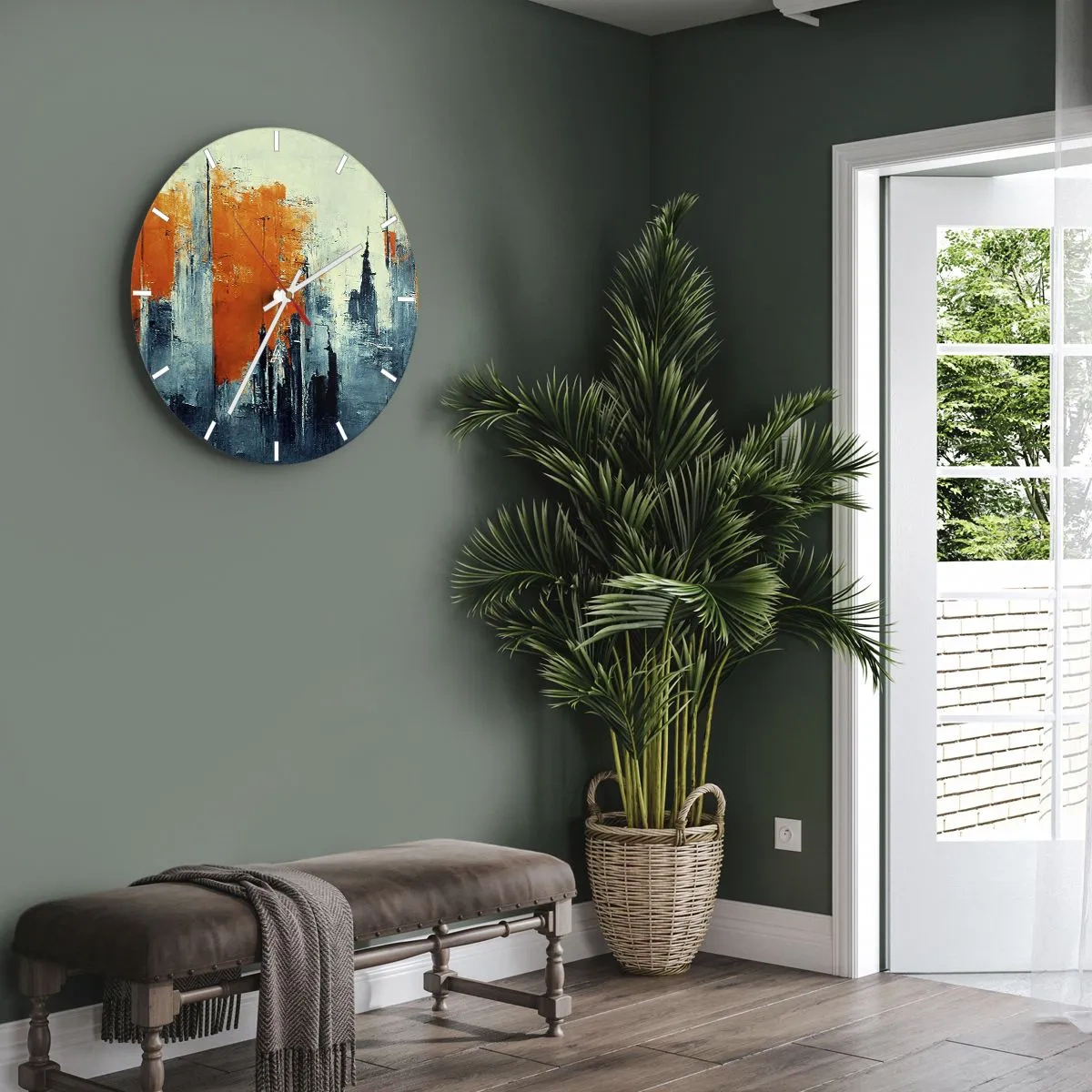 Vægur, Uret - Abstrakt bypanorama i nuancer af orange og marineblå - 30x30cm - Moderne landskab - Moderne vægdekoration til stue, køkken og soveværelse ARTTOR