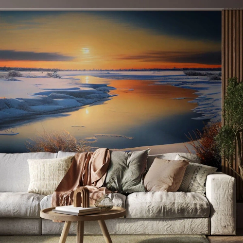 Fototapet Selvklæbende Deluxe Sticker - Vintersolnedgang - Vinter, flod, Landskab - 250x175 cm