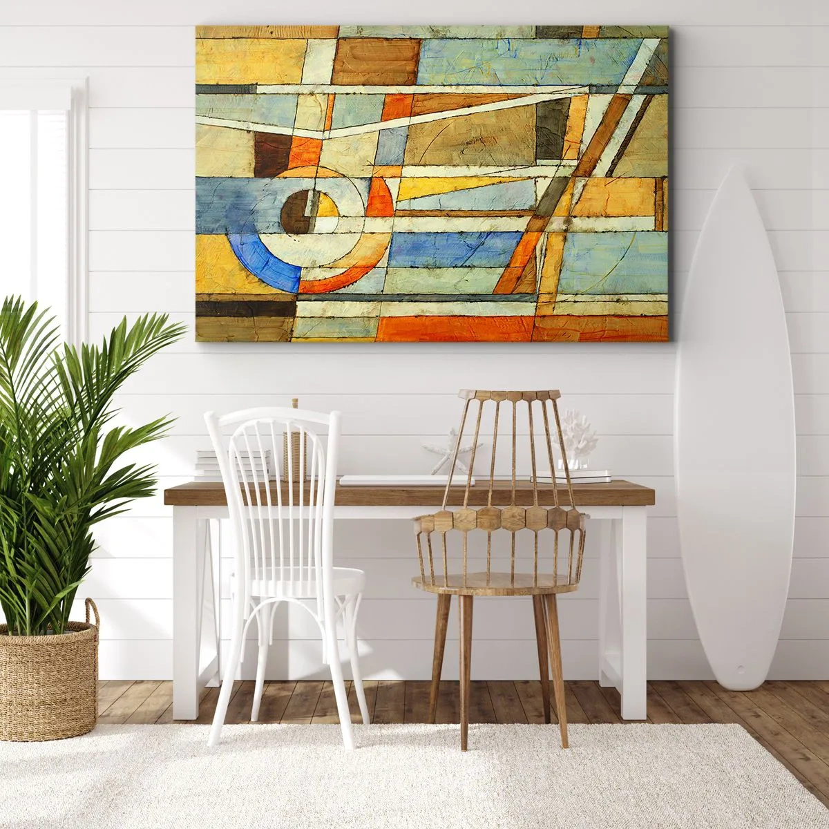 Lærredstryk - Billede på lærred - Geometrisk abstraktion i nuancer af beige, blå og orange - 70x50cm - Kubisme på en byggeplads - Moderne vægdekoration til stue og soveværelse ARTTOR