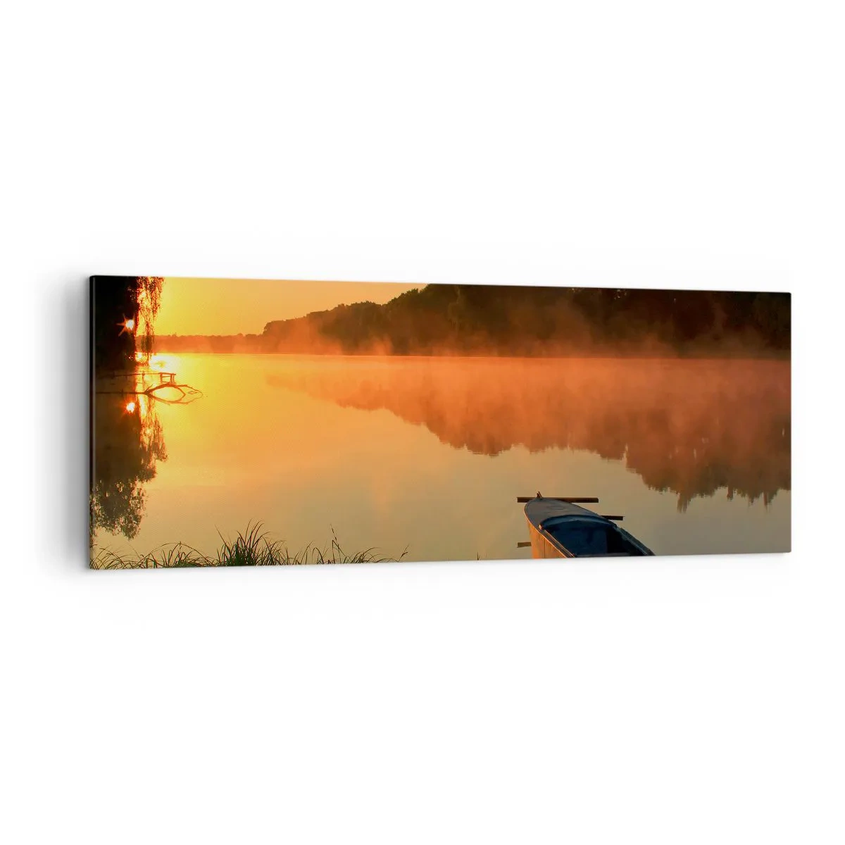 Lærredstryk - Billede på lærred - Solopgang over vand som en spejlplade - 140x50 cm