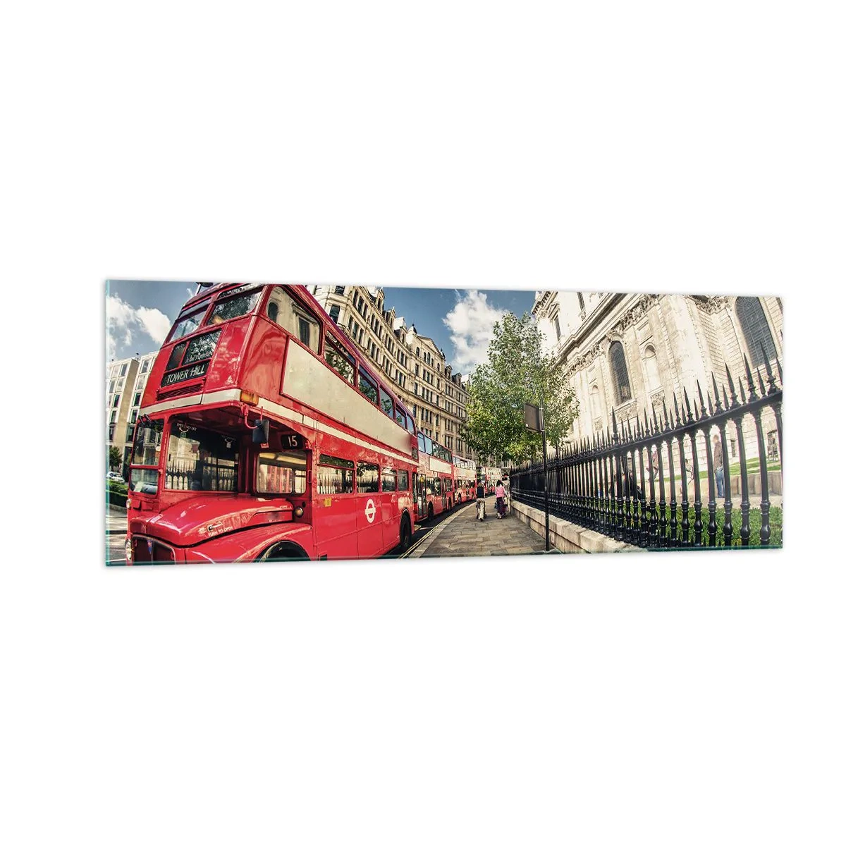 Billede på glas - Gade i London i grå og rødt - 140x50 cm