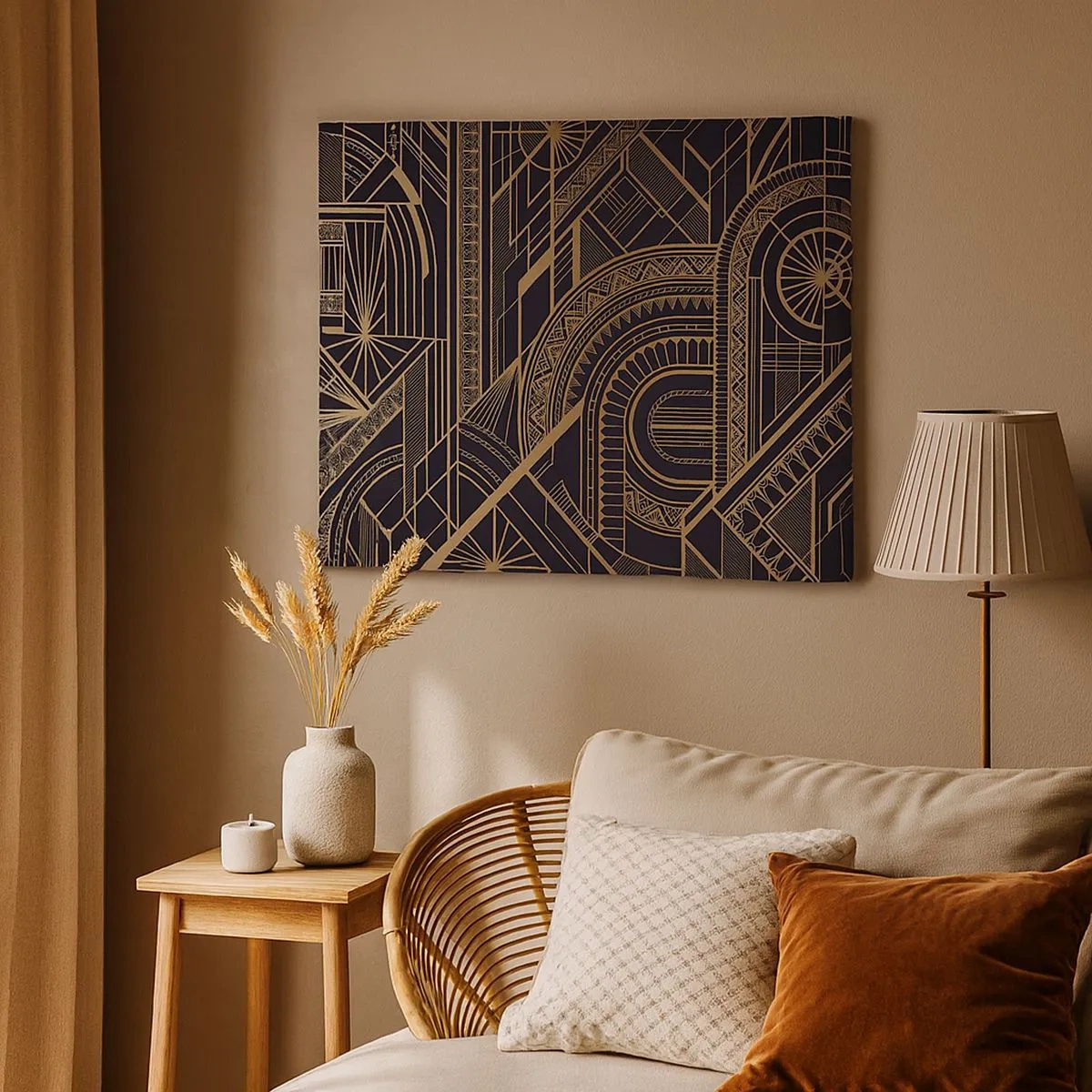 Lærredstryk - Billede på lærred - Gyldne geometriske mønstre på en sort baggrund i Art Deco-stil - 70x50cm - Koncepter, idéer, planer - Moderne vægdekoration til stue og soveværelse ARTTOR