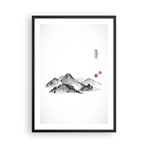 Plakat i sort ramme - Et minimalistisk bjerglandskab i japansk stil - 50x70cm - Langt væk - Moderne vægdekoration til stue og soveværelse ARTTOR
