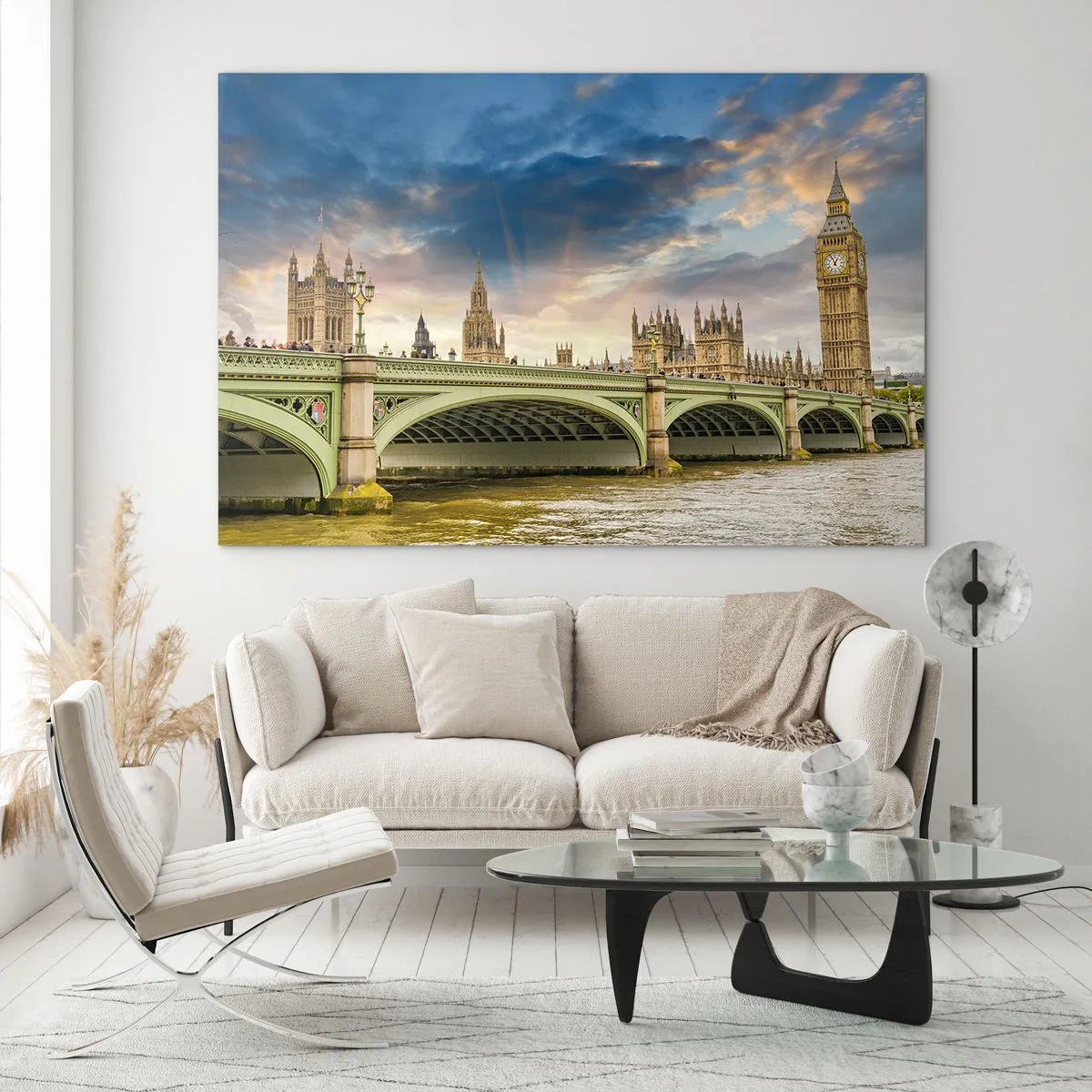 Billede på glas - Big Ben og Westminster Bridge ved solnedgang - 70x50cm - Tiden stod stille i Imperiet - Moderne vægdekoration til stue og soveværelse ARTTOR