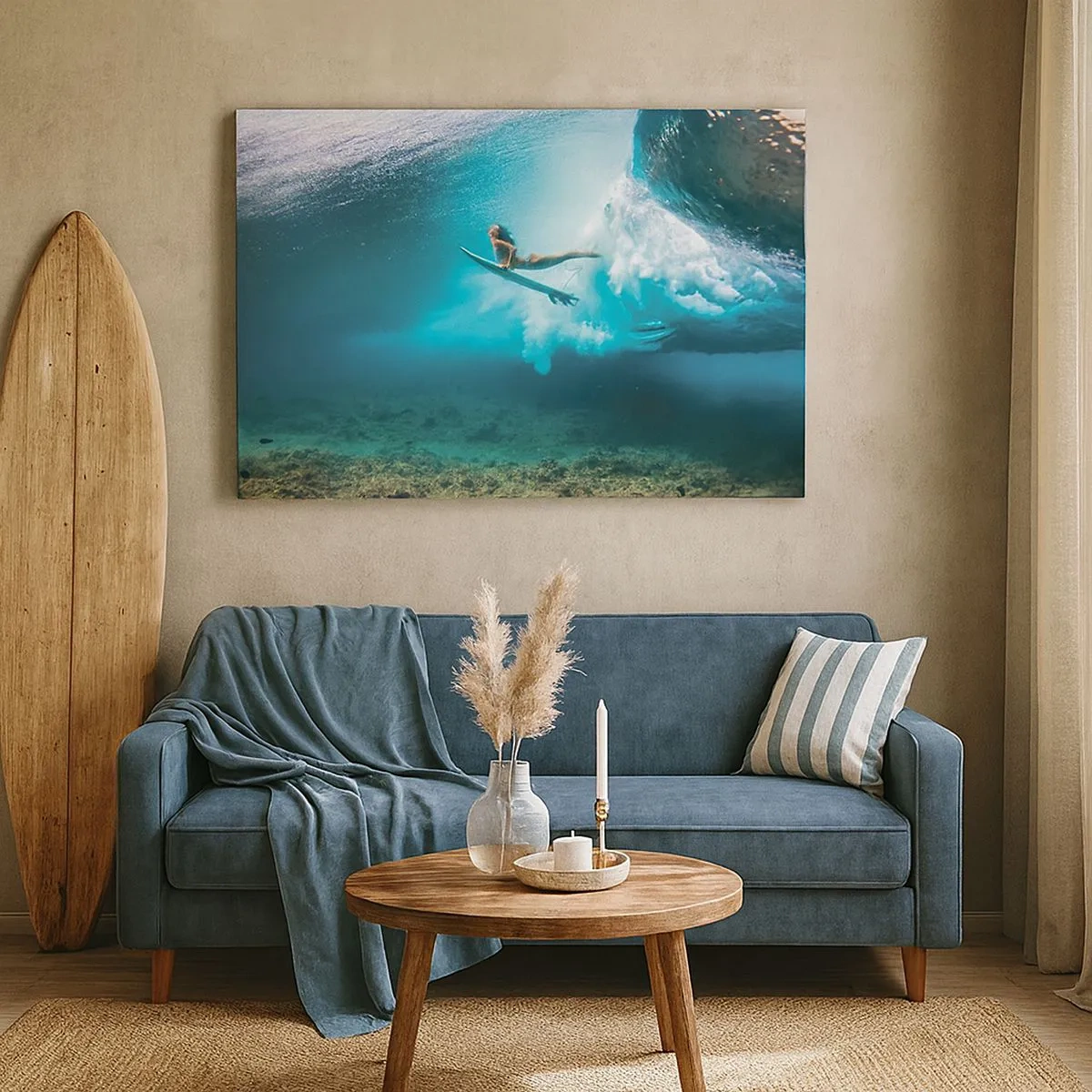 Lærredstryk - Billede på lærred - Surfer under en bølge i det blå havvand - 70x50cm - Undervandsverden - Moderne vægdekoration til stue og soveværelse ARTTOR