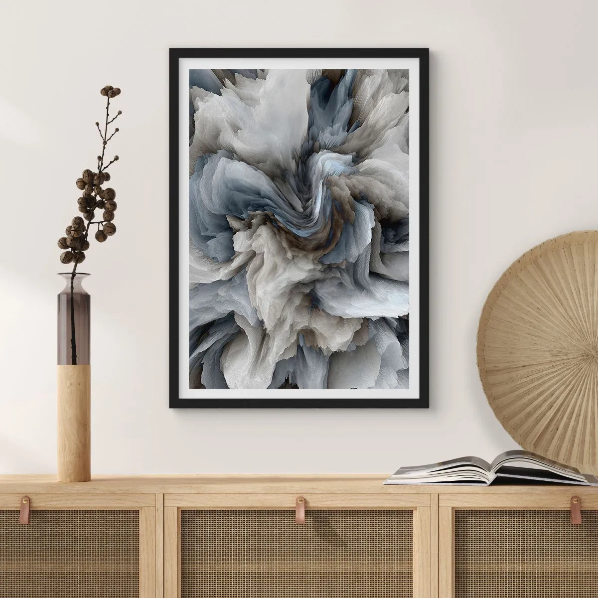 Plakat i sort ramme - En abstrakt eksplosion af farver i nuancer af grå og blå. - 50x70cm - Sten og blomst - Moderne vægdekoration til stue og soveværelse ARTTOR