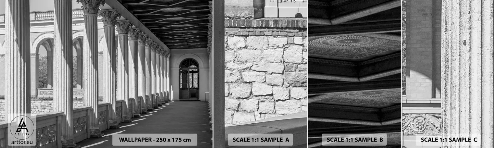 Prøve Fototapet Selvklæbende Deluxe Sticker - Solrig arkade - Kolonner, Arkitektur, Klassisk - 100x30 cm