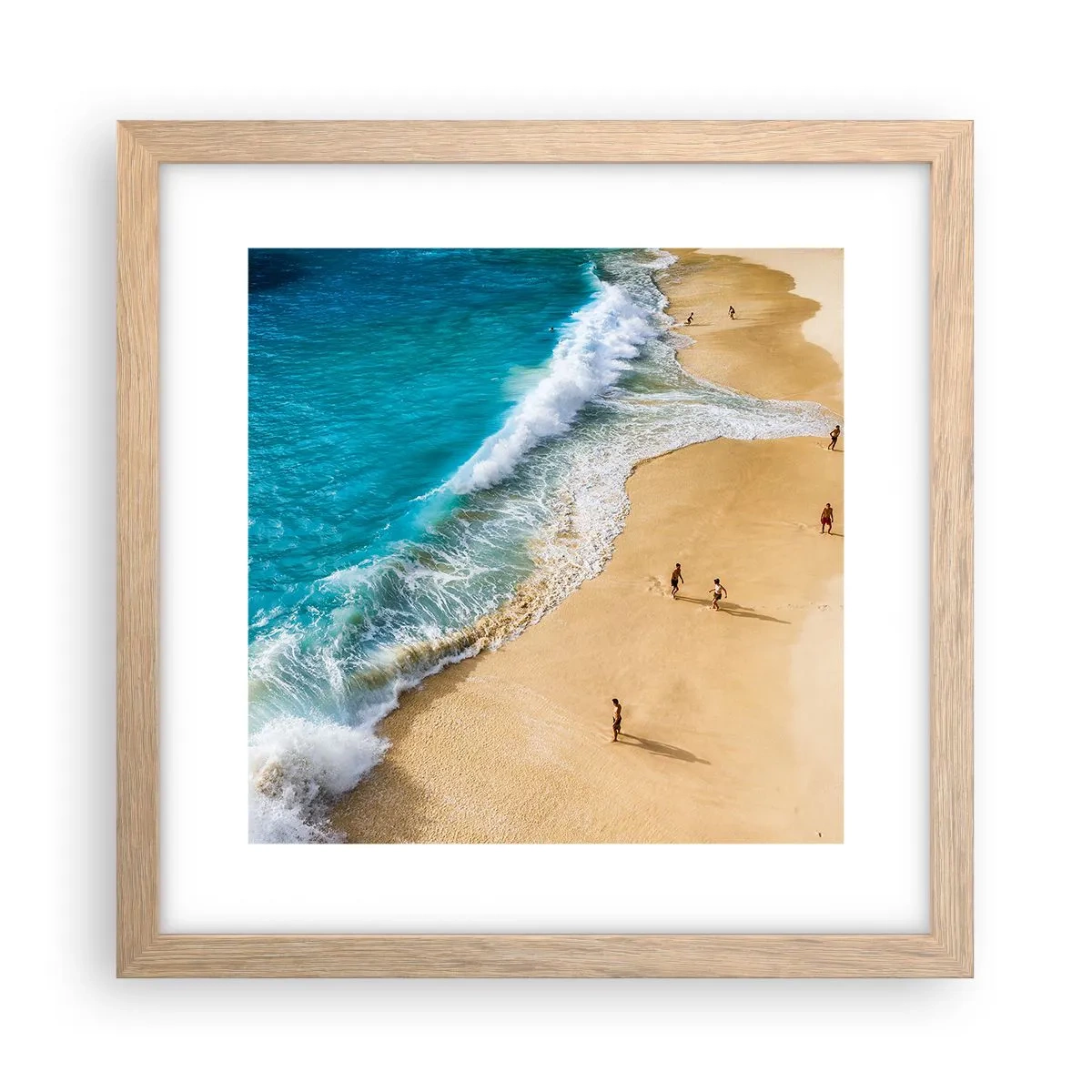 Plakat i ramme af lyst egetræ - Og så solen, stranden... - 30x30 cm
