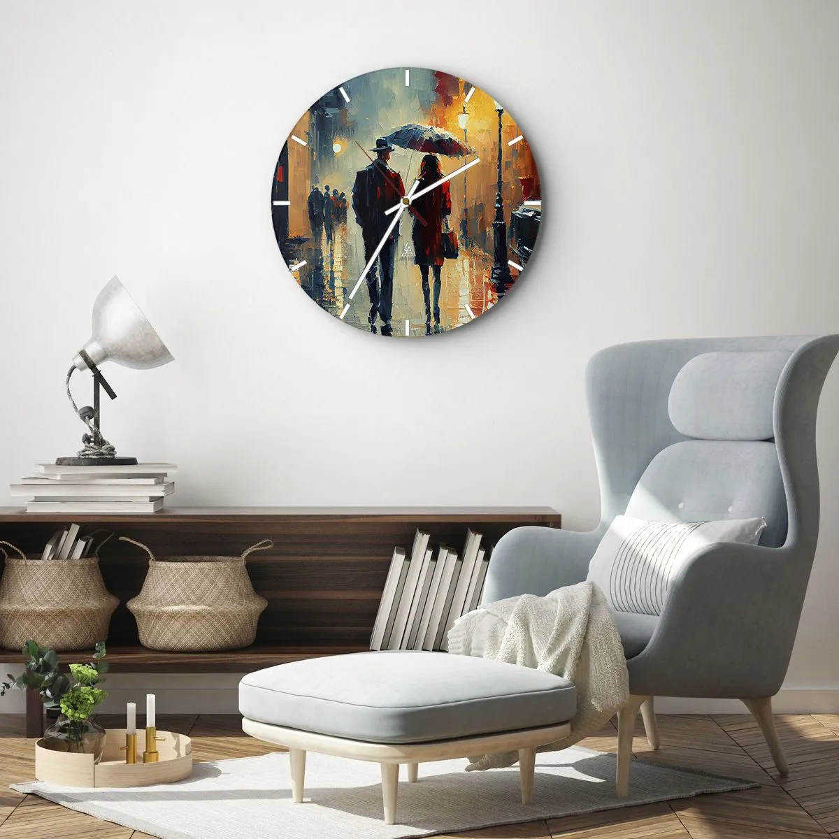 Vægur, Uret - Et par under en paraply i et bymiljø malet med paletkniv - 30x30cm - Urban kærlighedshistorie - Moderne vægdekoration til stue, køkken og soveværelse ARTTOR