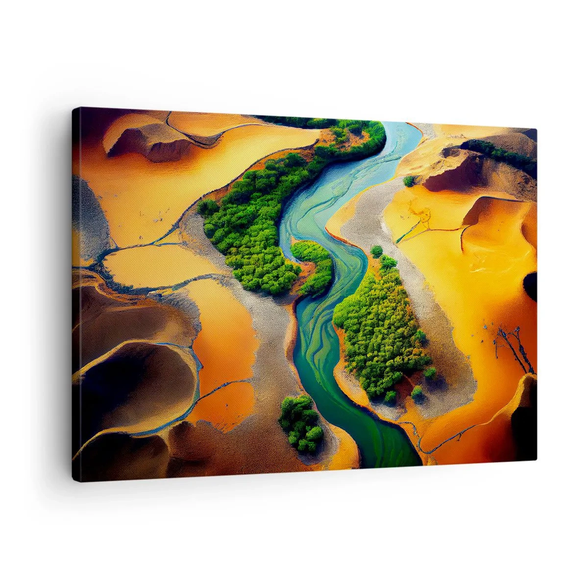 Lærredstryk - Billede på lærred - En grøn flod omgivet af gyldent sand og vegetation - 70x50cm - Livgivende flod - Moderne vægdekoration til stue og soveværelse ARTTOR