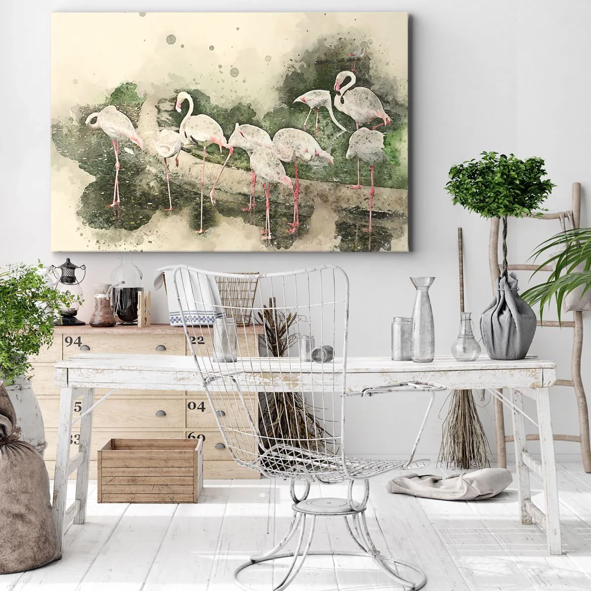 Lærredstryk - Billede på lærred - Flamingoer i deres naturlige omgivelser i akvarelstil - 70x50cm - En eksotisk drøm - Moderne vægdekoration til stue og soveværelse ARTTOR