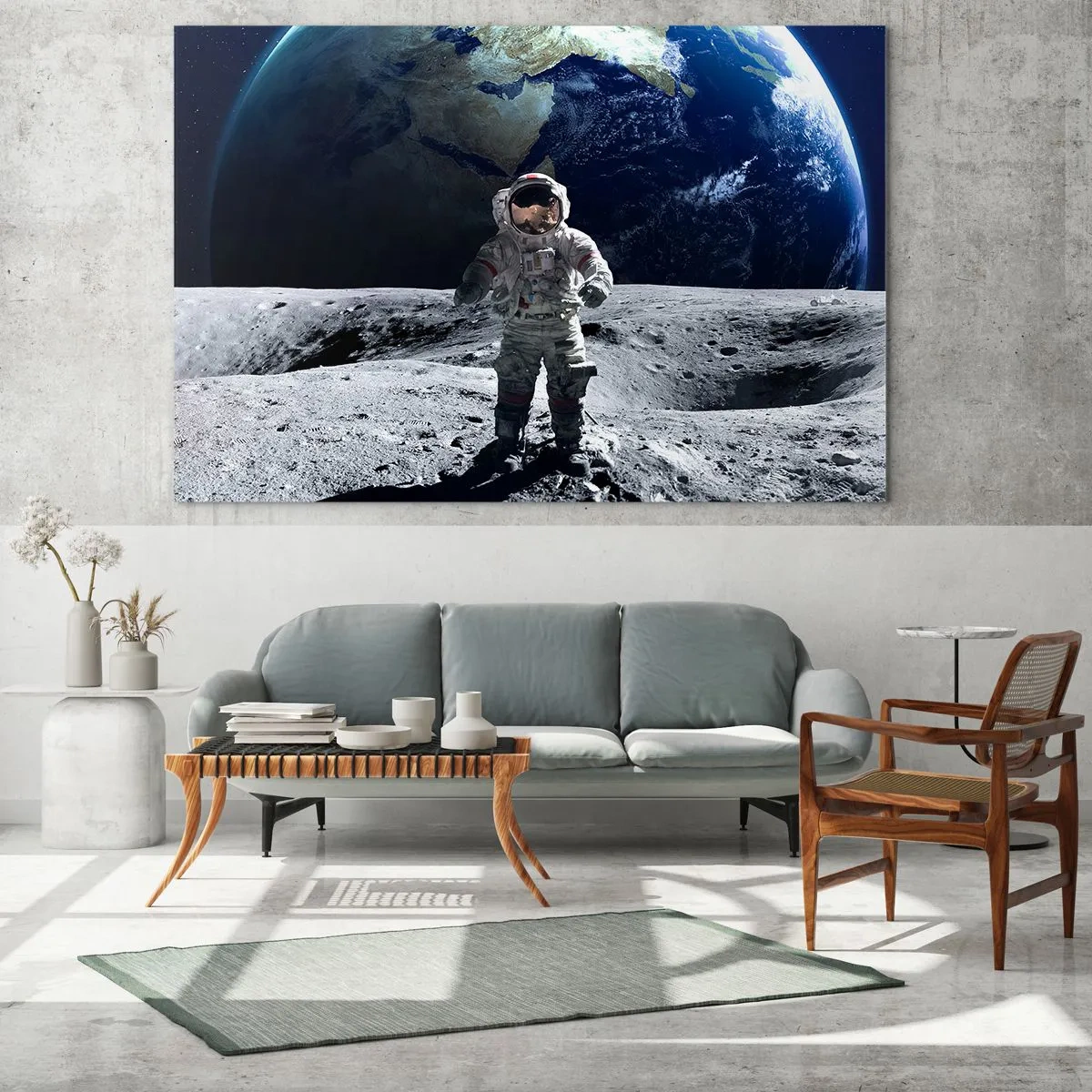Billede på glas - Astronaut på månens overflade med Jorden i baggrunden - 70x50cm - Hilsner fra månen - Moderne vægdekoration til stue og soveværelse ARTTOR