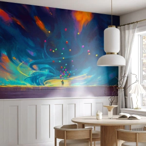 Fototapet Premium Sand - På en blå vind - For børn, Farverige balloner, Abstraktion - 100x70 cm