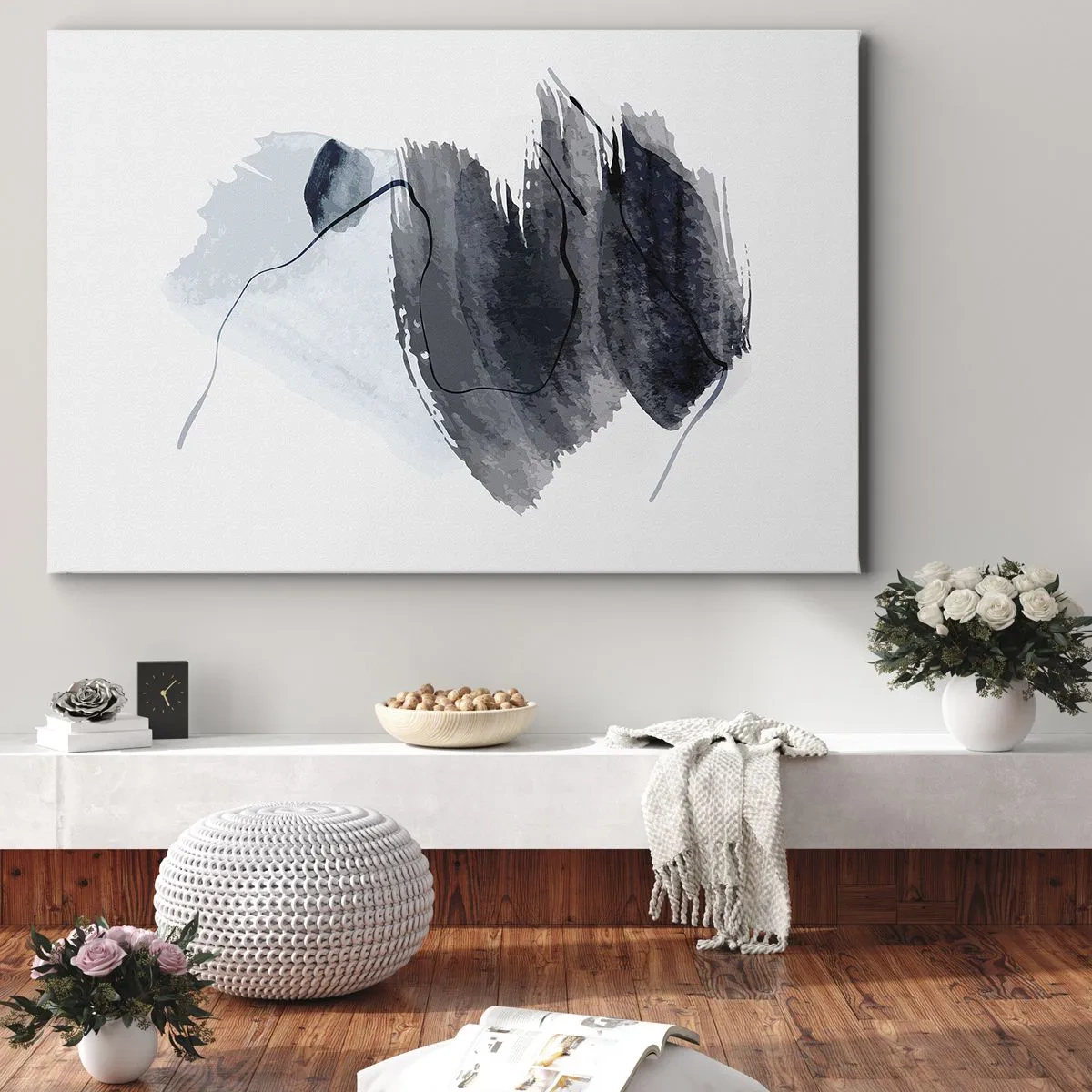 Lærredstryk - Billede på lærred - Abstrakt komposition i nuancer af grå og blå - 70x50cm - Intensitet og bevægelse - Moderne vægdekoration til stue og soveværelse ARTTOR