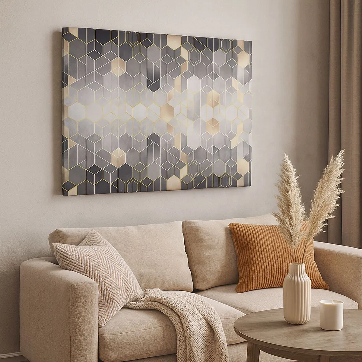 Lærredstryk - Billede på lærred - Geometrisk mønster i gyldne nuancer - 70x50cm - Sammensætning af diamanter - Moderne vægdekoration til stue og soveværelse ARTTOR