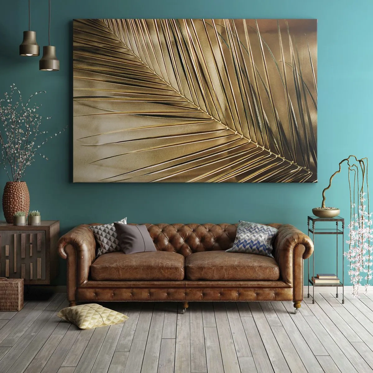 Lærredstryk - Billede på lærred - Gyldent palmeblad på en solid baggrund - 70x50cm - Naturlig kolonnade - Moderne vægdekoration til stue og soveværelse ARTTOR
