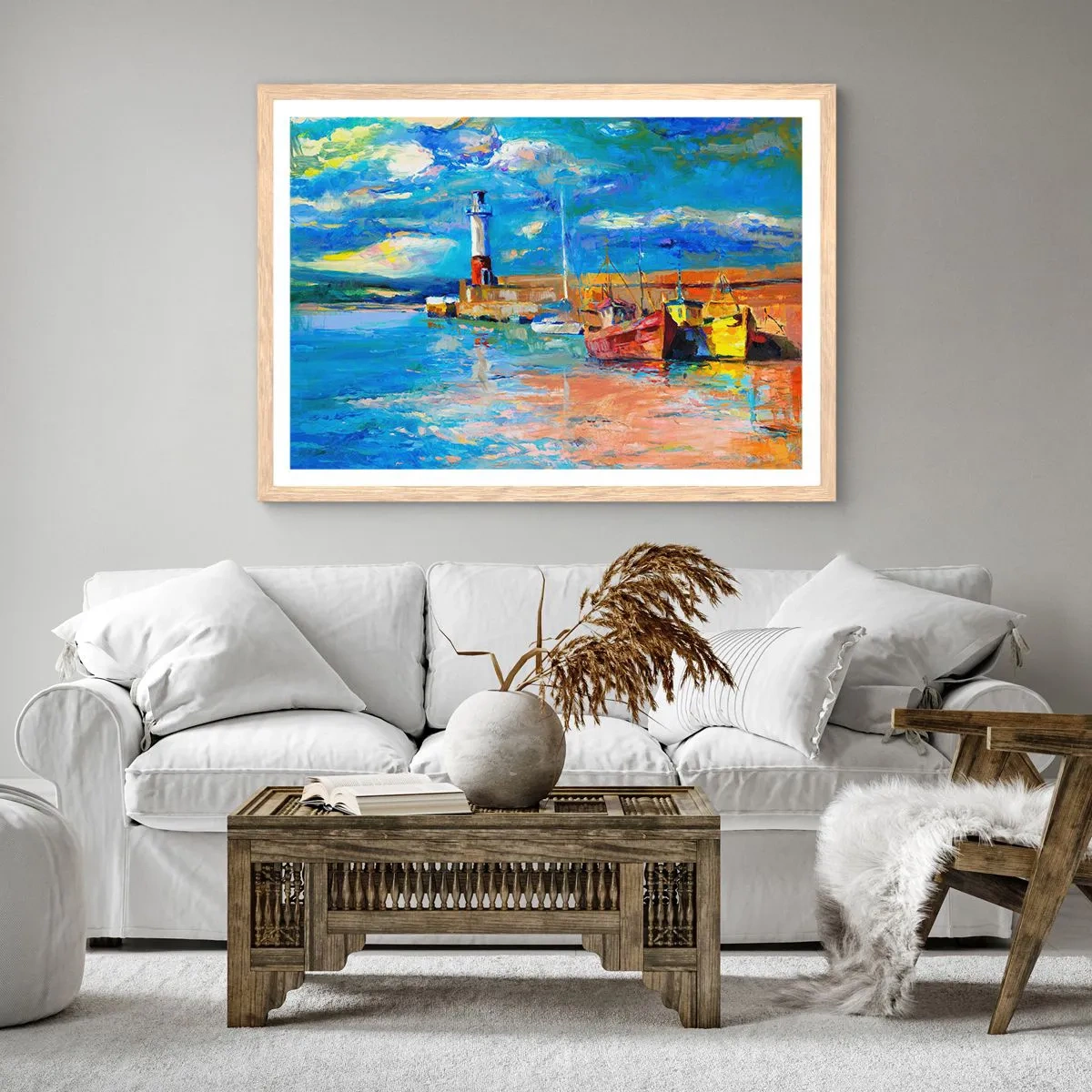 Plakat i ramme af lyst egetræ - Eftermiddag i regnbuebugten - 50x40 cm
