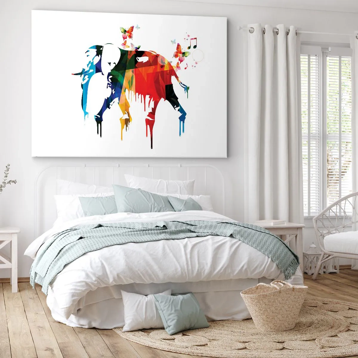 Lærredstryk - Billede på lærred - Farverig elefant med sommerfugle i moderne geometrisk stil - 70x50cm - Alle kan danse - Moderne vægdekoration til stue og soveværelse ARTTOR
