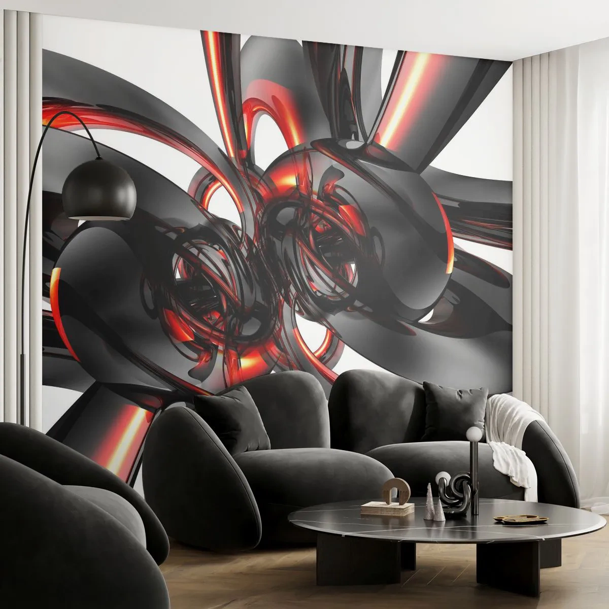 Fototapet Premium Sand - Bevægelse i grafit og rød - Abstraktion, 3D, Stykke - 350x256 cm
