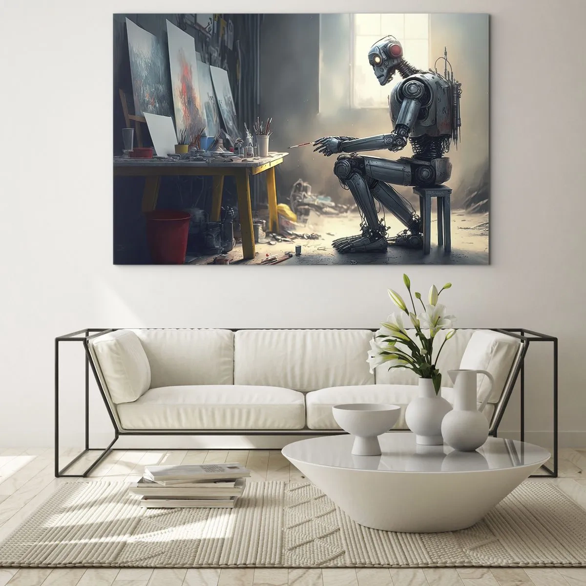 Billede på glas - En robot der maler billeder i et kunststudie - 70x50cm - Den skabende handling - Moderne vægdekoration til stue og soveværelse ARTTOR