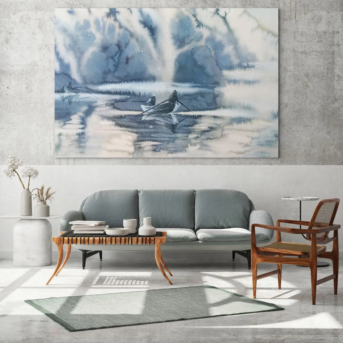 Billede på glas - To fiskere på en båd omgivet af et tåget landskab - 70x50cm - Lystfiskere i deres paradis - Moderne vægdekoration til stue og soveværelse ARTTOR