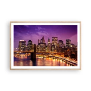 Plakat i ramme af lyst egetræ - Lilla og gylden Manhattan - 91x61 cm