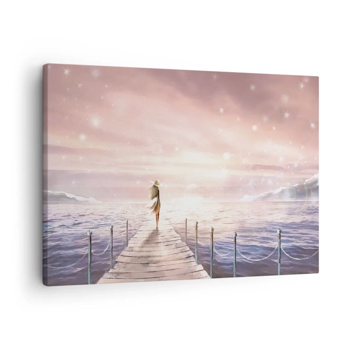 Lærredstryk - Billede på lærred - En kvinde på en mole i en magisk solnedgang - 70x50cm - I lyset af en drøm - Moderne vægdekoration til stue og soveværelse ARTTOR