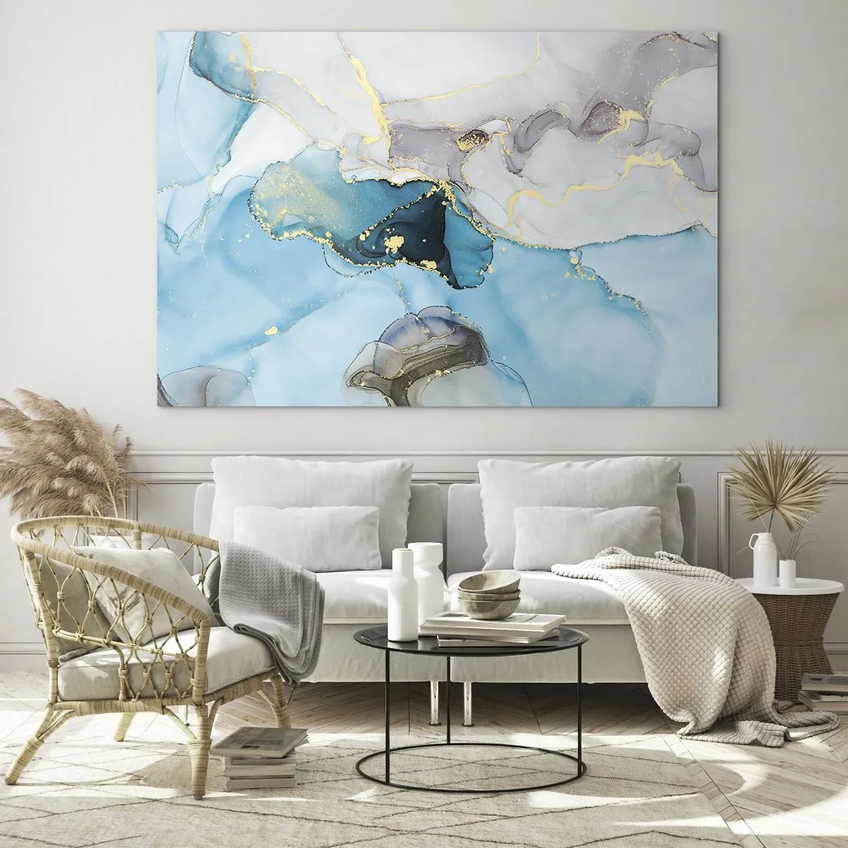 Billede på glas - Turkis og grå bølger med gulddetaljer - 70x50cm - En undersøgelse af mødet mellem grå og turkis - Moderne vægdekoration til stue og soveværelse ARTTOR
