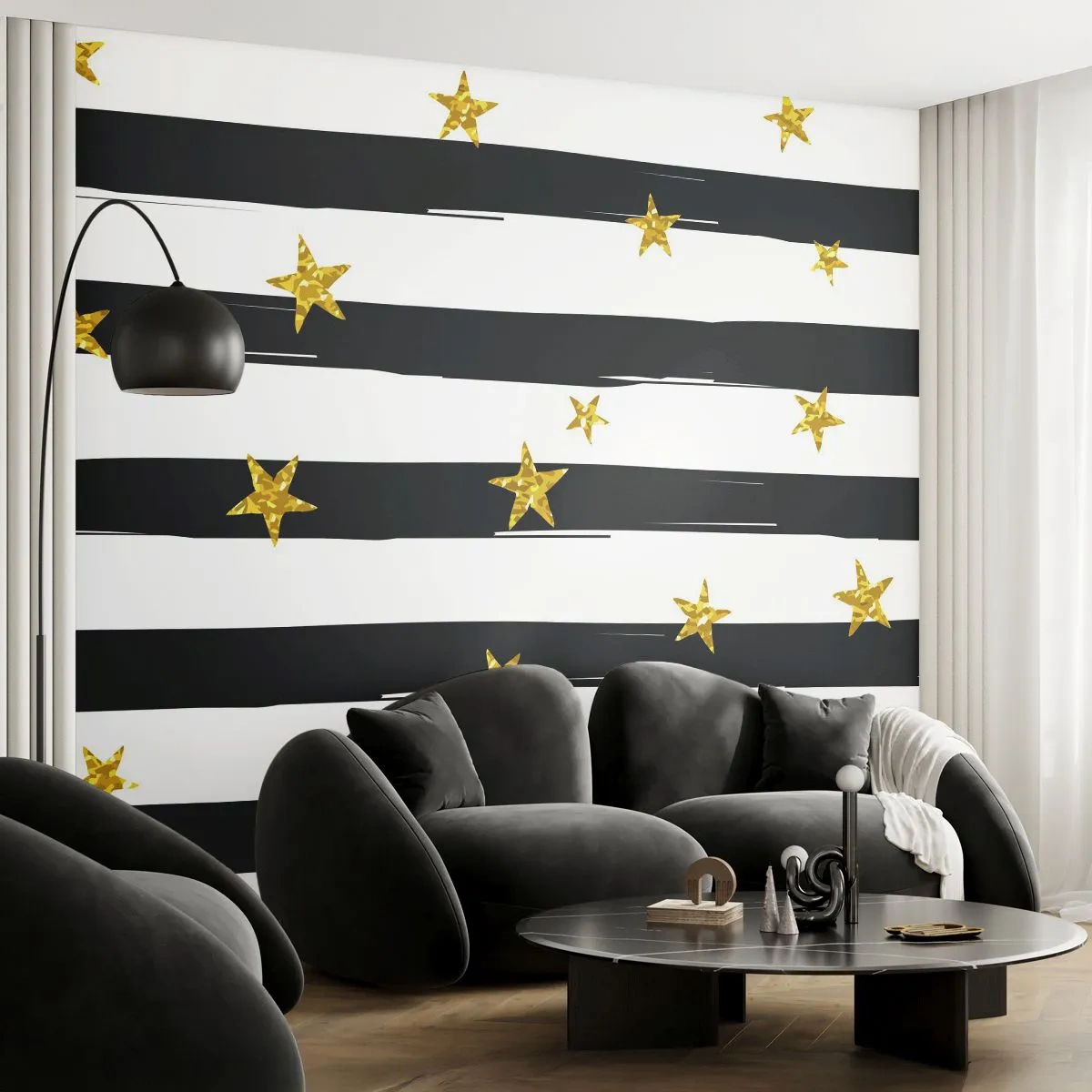 Fototapet Premium Sand - Vi blev alle født under en heldig stjerne - Grafik, Guldstjerne, Sorte og hvide striber - 100x70 cm