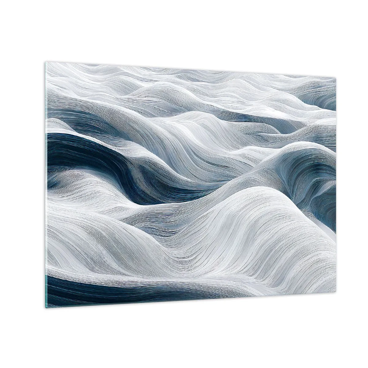 Billede på glas - Abstrakte bølger i nuancer af hvid og blå skaber en bevægelseseffekt - 70x50cm - Hvide og blå bølger - Moderne vægdekoration til stue og soveværelse ARTTOR