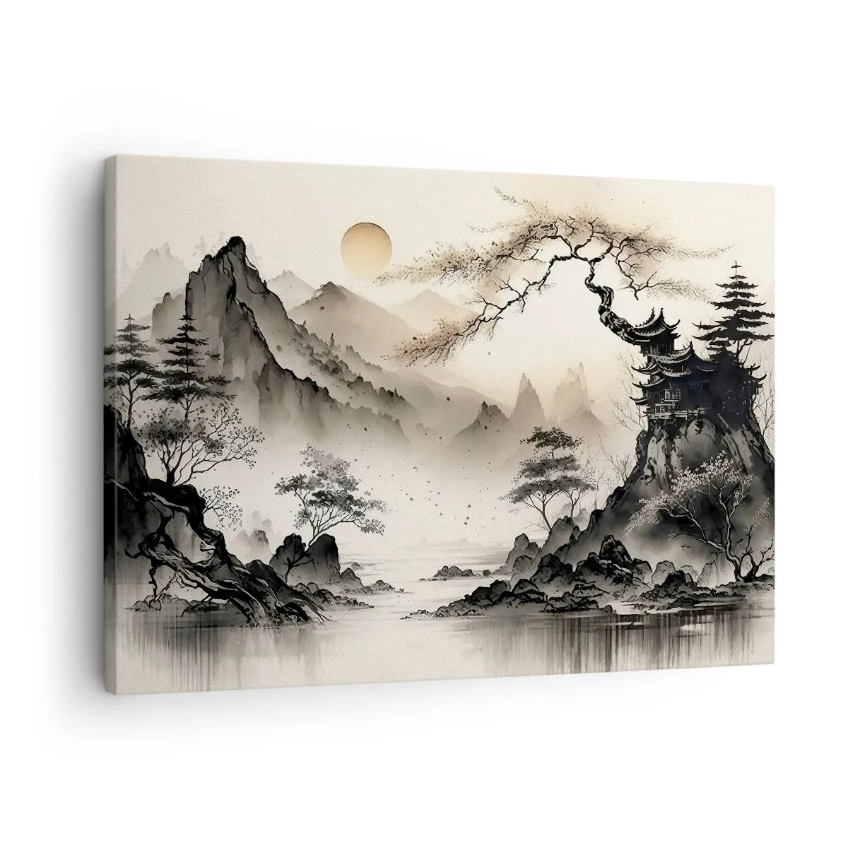 Lærredstryk - Billede på lærred - Et orientalsk landskab med bjerge og en pagode i sarte nuancer. - 70x50cm - Orientens unikke charme - Moderne vægdekoration til stue og soveværelse ARTTOR