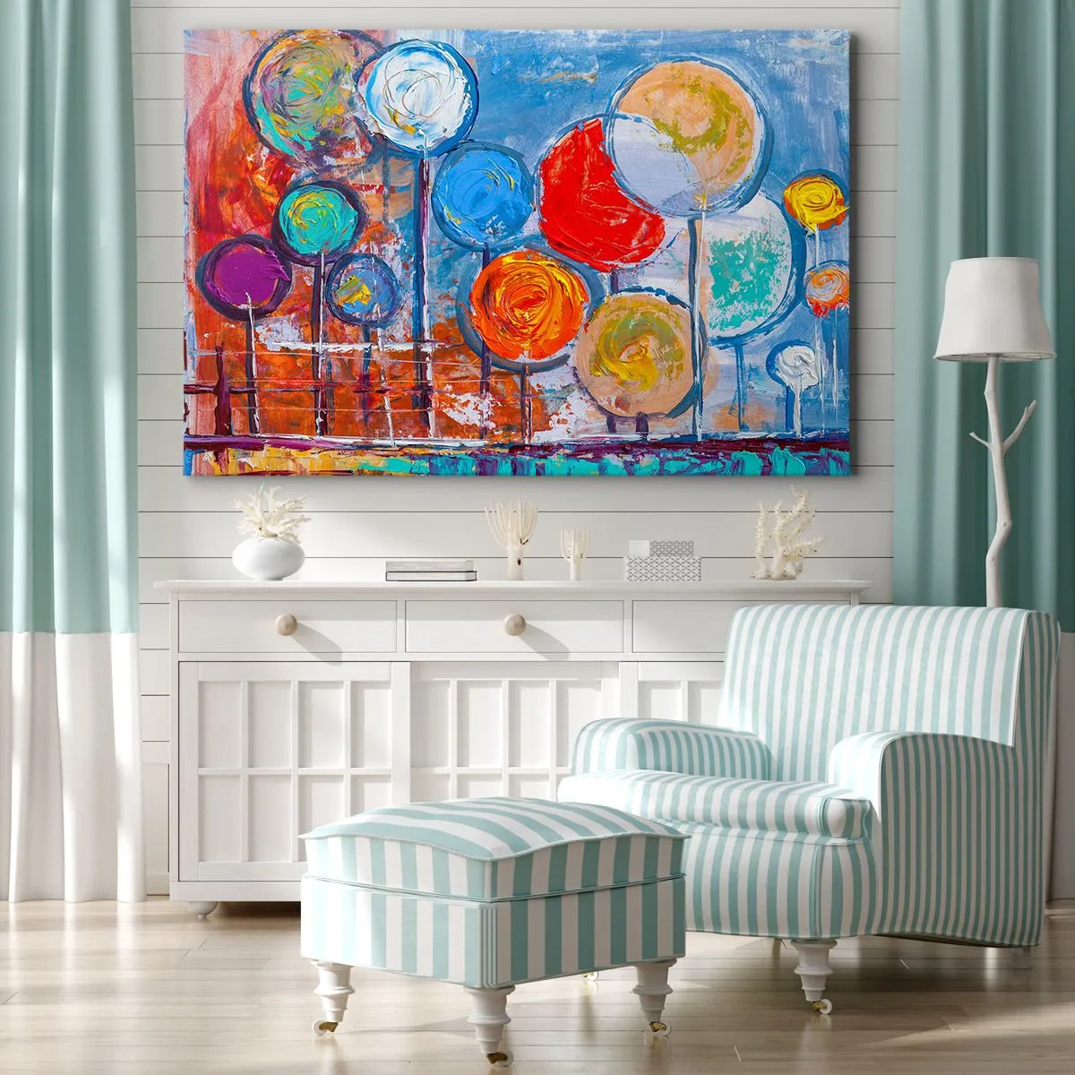 Lærredstryk - Billede på lærred - Farverige abstrakte træer på en blå baggrund - 70x50cm - Mirakler på en pind - Moderne vægdekoration til stue og soveværelse ARTTOR