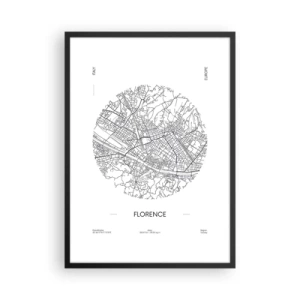 Plakat i sort ramme - Et minimalistisk kort over Firenze i sort-hvid. - 50x70cm - Anatomi af Firenze - Moderne vægdekoration til stue og soveværelse ARTTOR
